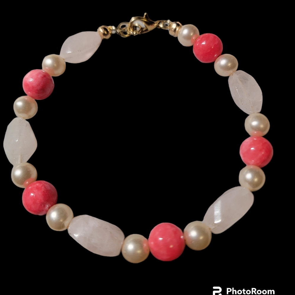 Handmade Rose quartz with pearl and pink crazy lace agate